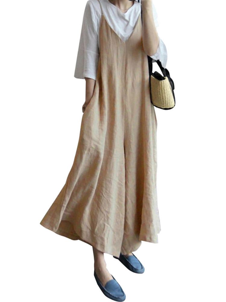 Women Cotton Sleeveless Strappy Loose Wide Leg Jumpsuit