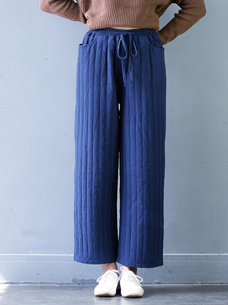 Casual Women Thicken Stripe Drawstring Waist Wide Leg Pants
