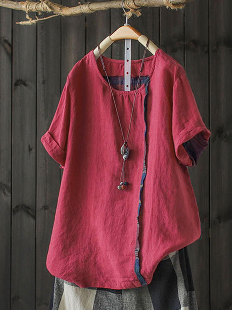 Plaid Patchwork Short Sleeve Crew Neck Blouse For Women