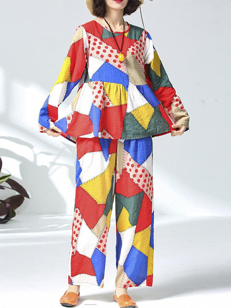 Women Vintage Floral Print Two Pieces Suits Long Sleeve Cotton B