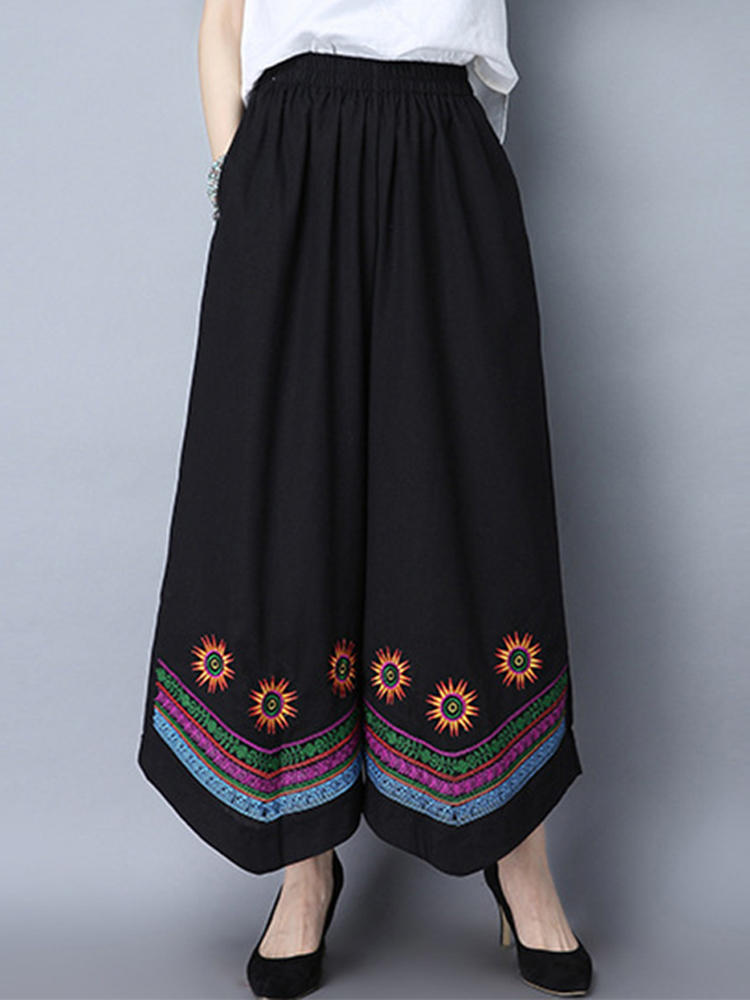 Folk Style Women Loose Embroideried Elastic Waist Wide Leg Pants