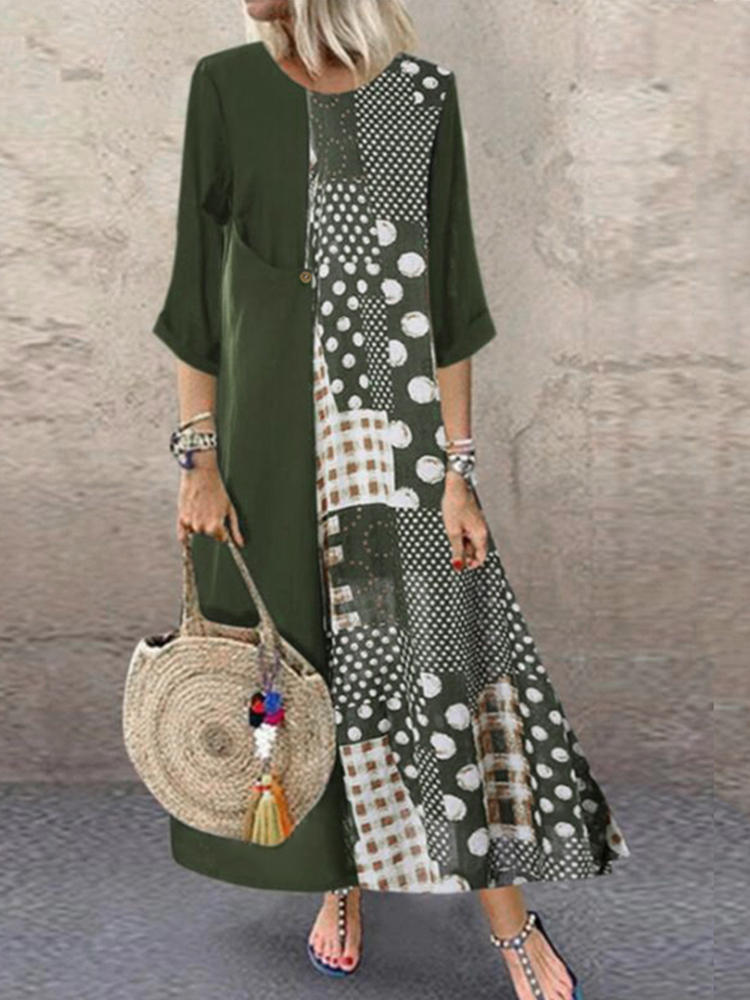 Women Vintage Patchwork Half Sleeve Crew Neck Maxi Dress