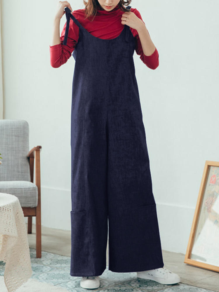 Women Sleeveless Adjustable Straps Solid Color Wide Leg Jumpsuit