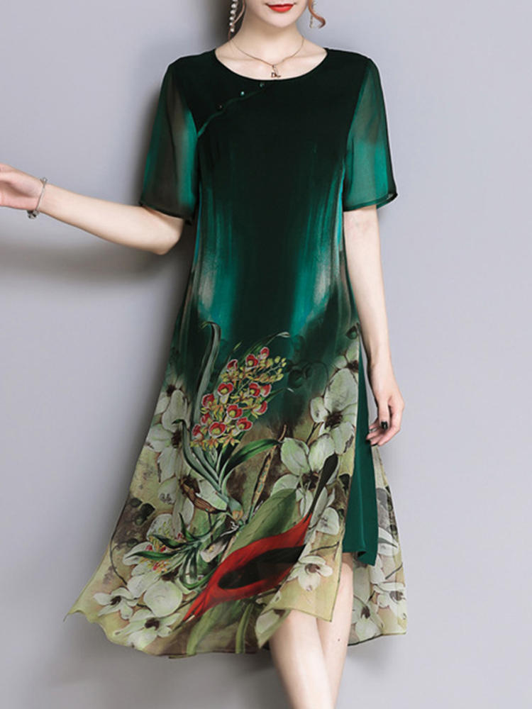 Elegant Floral Print Short Sleeve Loose Split Hem Dresses