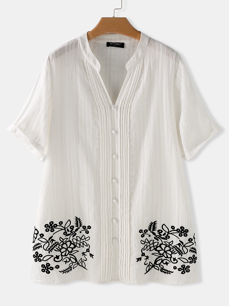 Women Vintage Cotton Floral Embroidery V-neck Short Sleeve Pleat