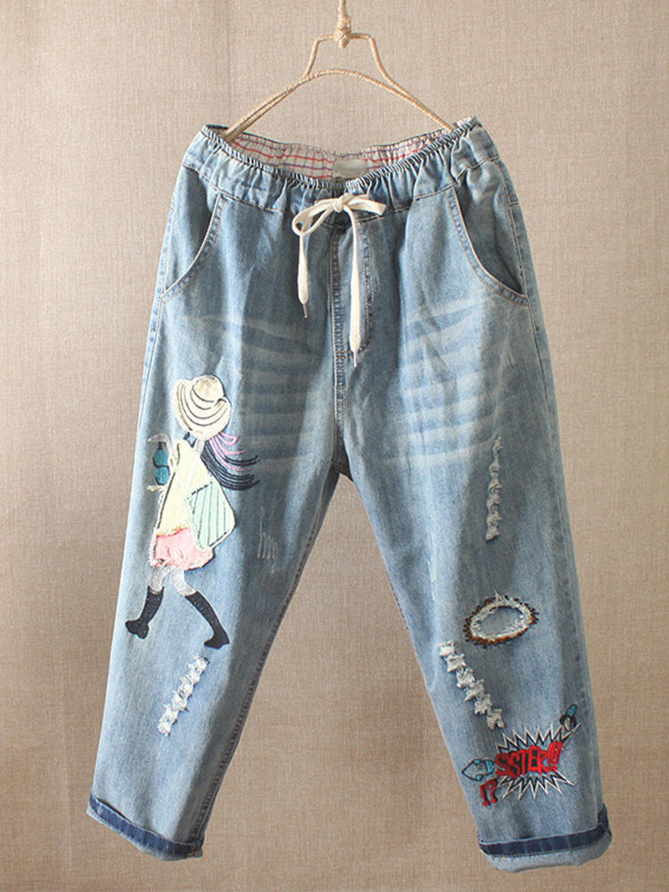 Cartoon Girl Patch Embroidered Ripped Jeans