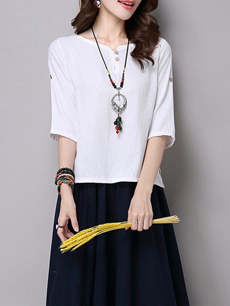 Vintage Women Button Loose Split Hem T-shirts