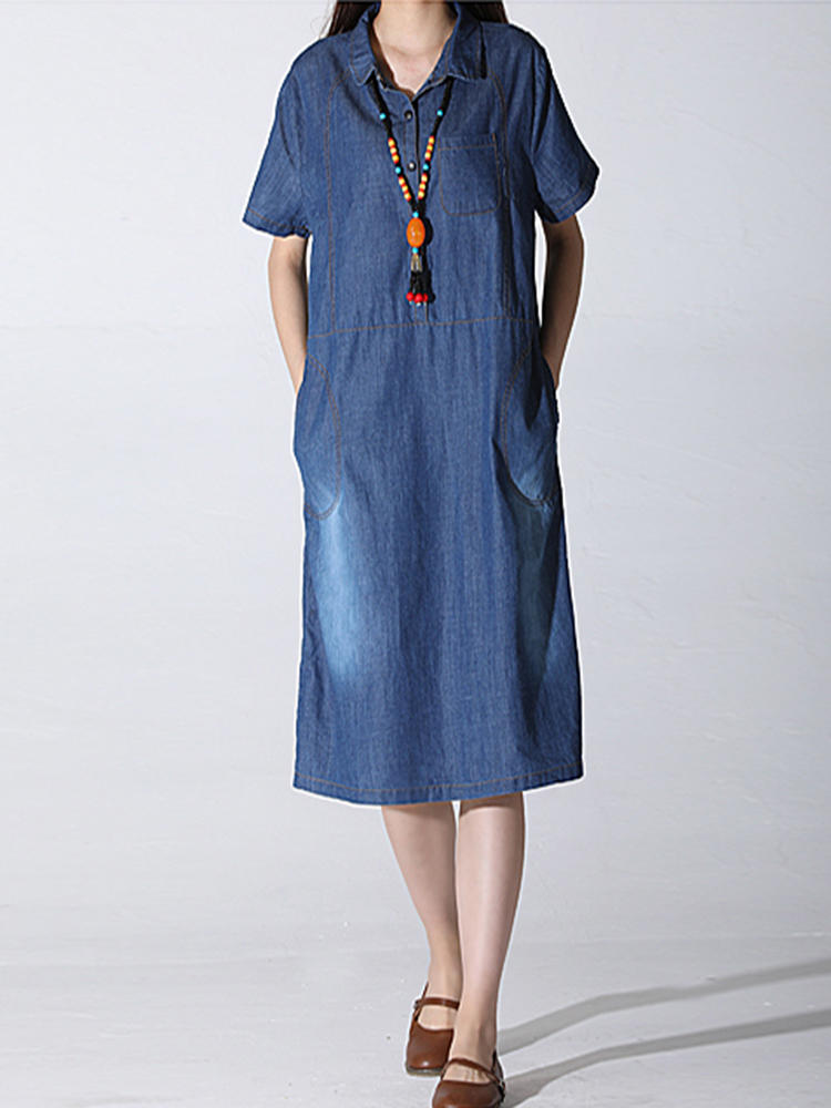 Lapel Blue Denim Solid Color Short Sleeve Vintage Dress