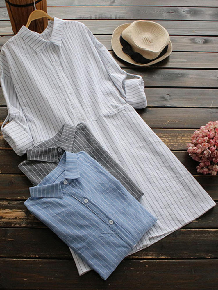Women Stripe Turn-Down Collar Button Long Sleeve Shirt Dresses
