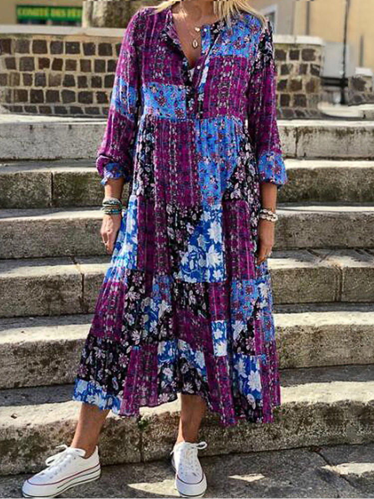 Bohemian Floral Print O-neck Long Sleeve Pleated Maxi Dress