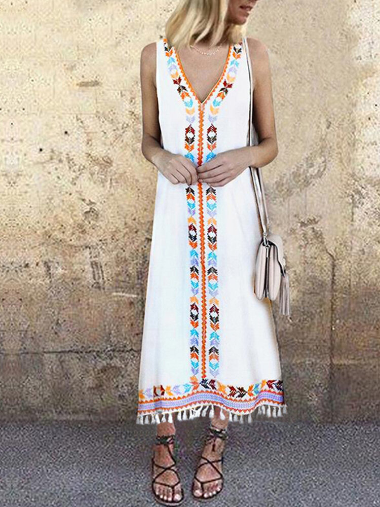 Women Summer Holiday Floral Tassels Sleeveless Maxi Vintage Dres