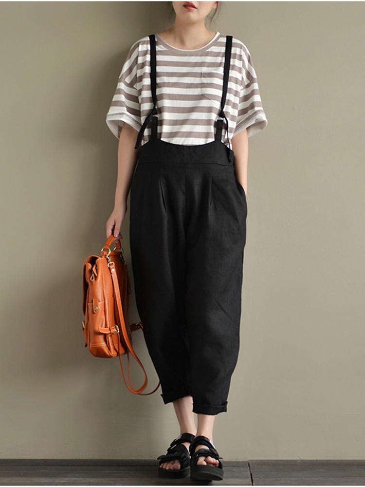 Casual Women Cotton Strap Solid Pockets Jumpsuit