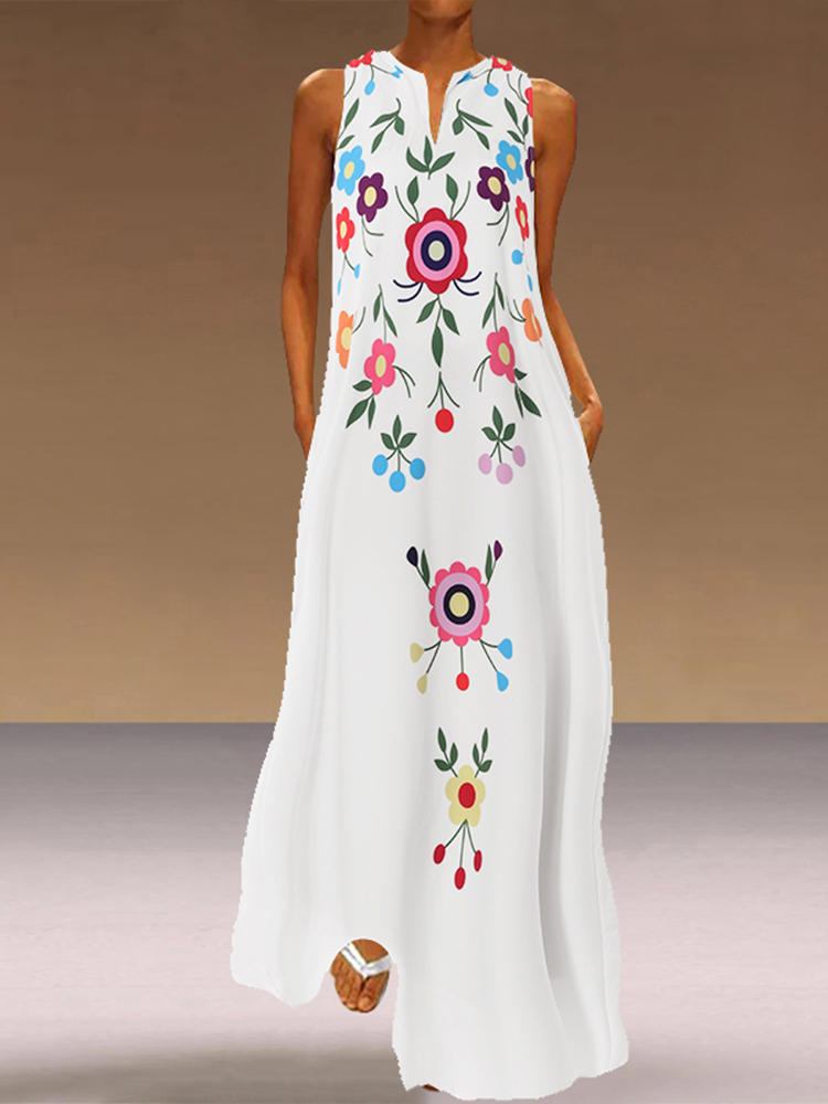 Women Bohemia V-neck Sleeveless Floral Printed Dress