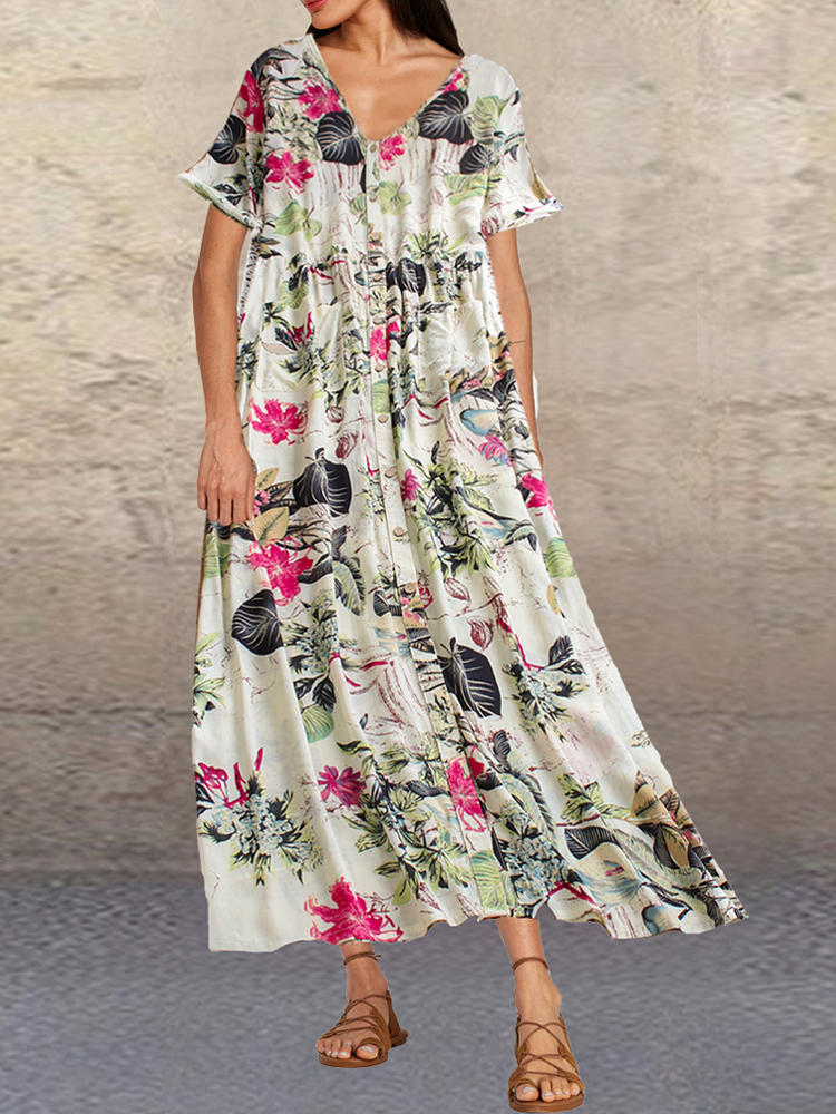 Leaves Floral Print Button Short Sleeve Vintage Dress
