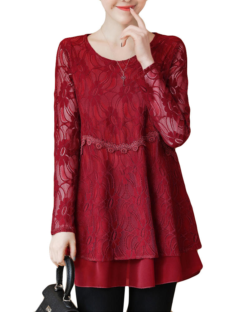 Elegant Women Lace Double Layers Long Sleeve Asymmetric Shirts
