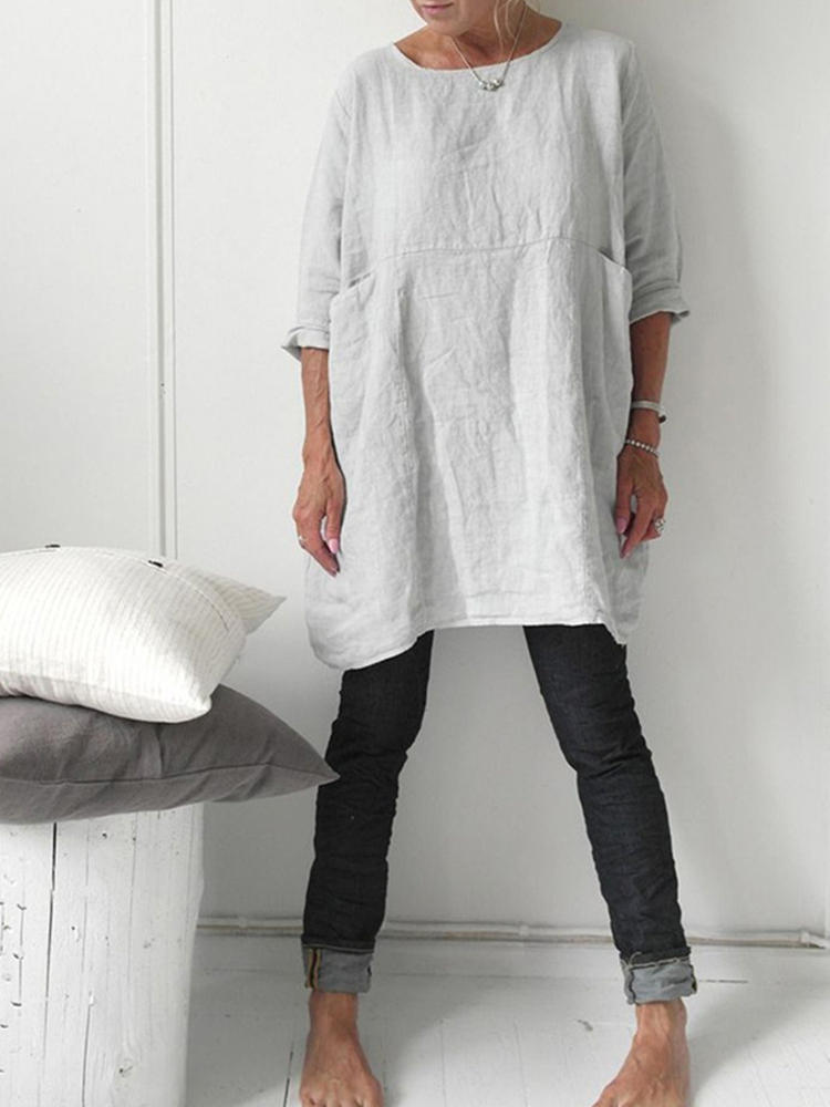3/4 Sleeve Crew Neck Solid Pocket Cotton Women Casual Dress