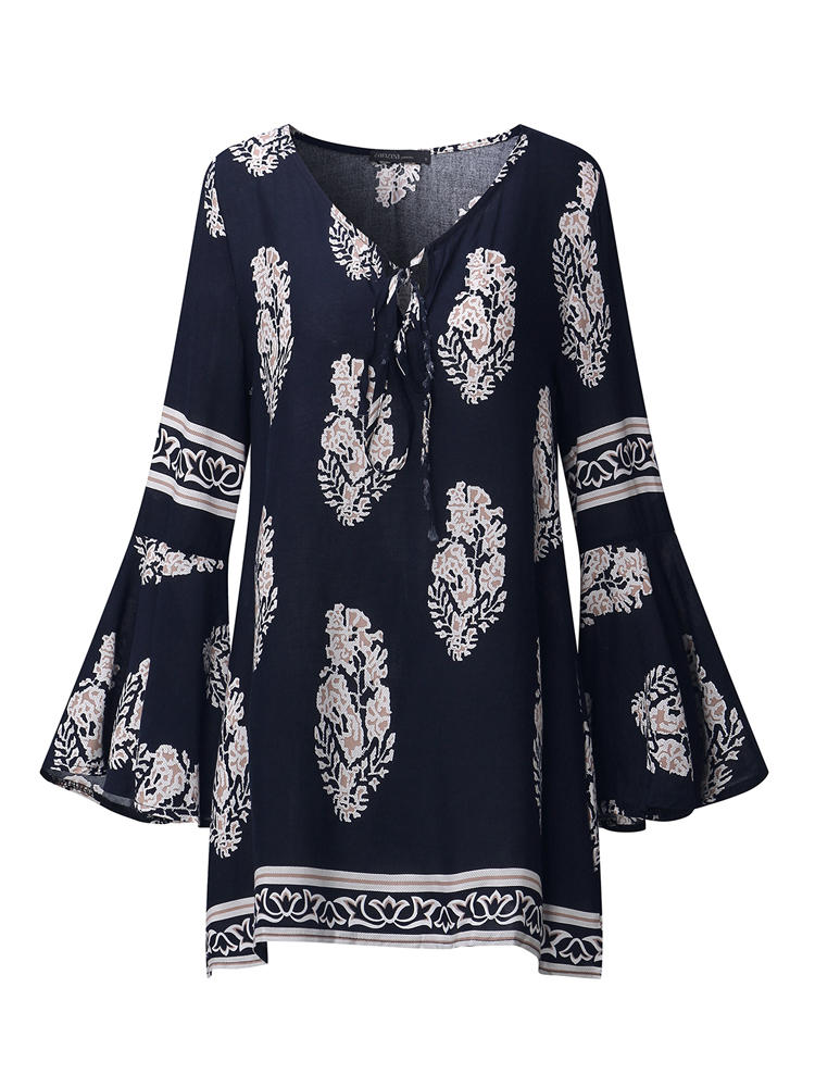 Bohemian Women Floral Print V-neck Bell Sleeve Blouse