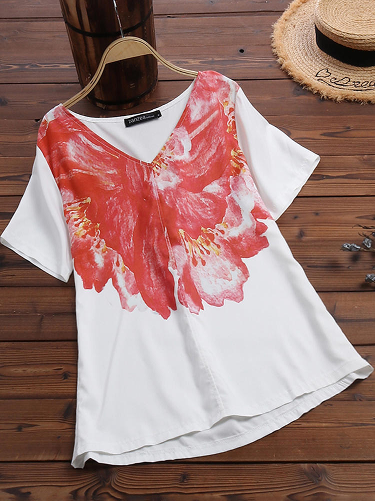 Women Short Sleeve V-neck Printed Floral Blouse