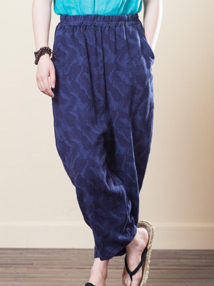 Women Vintage Jacquard Elastic Waist Loose Pants