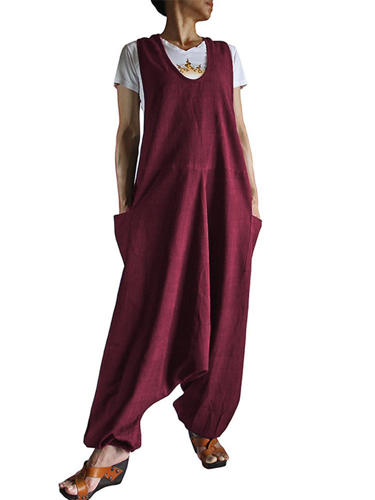Women Sleeveless Pure Color Loose Casual Jumpsuit Overalls With