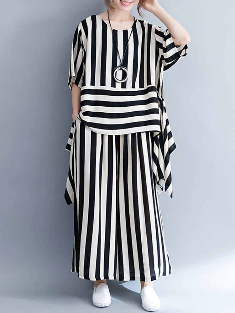 Women Casual Loose Striped Tops+Pants Sets