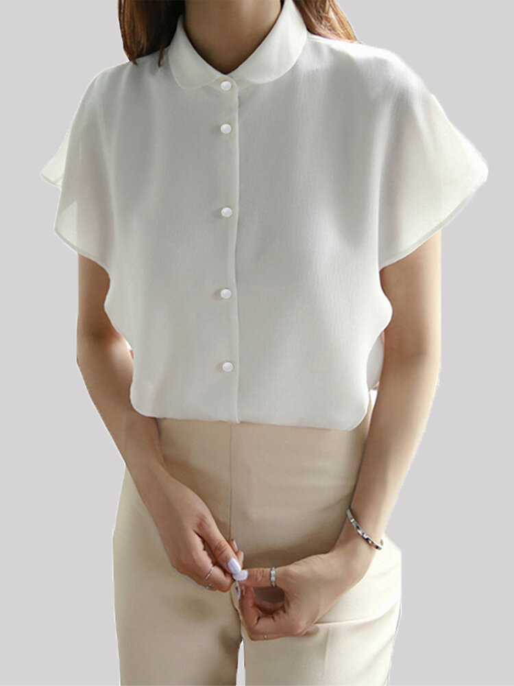 Women Chiffon Casual Ruffled Short Sleeve Pearl Button Loose Blo
