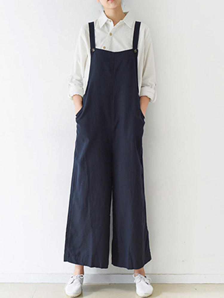 Women Sleeveless Strap Button Wide Leg Jumpsuit with Pocket