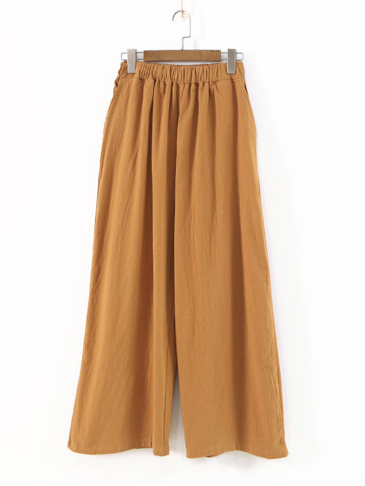 Women Casual Solid Elastic Waist Cotton Wide Leg Pants