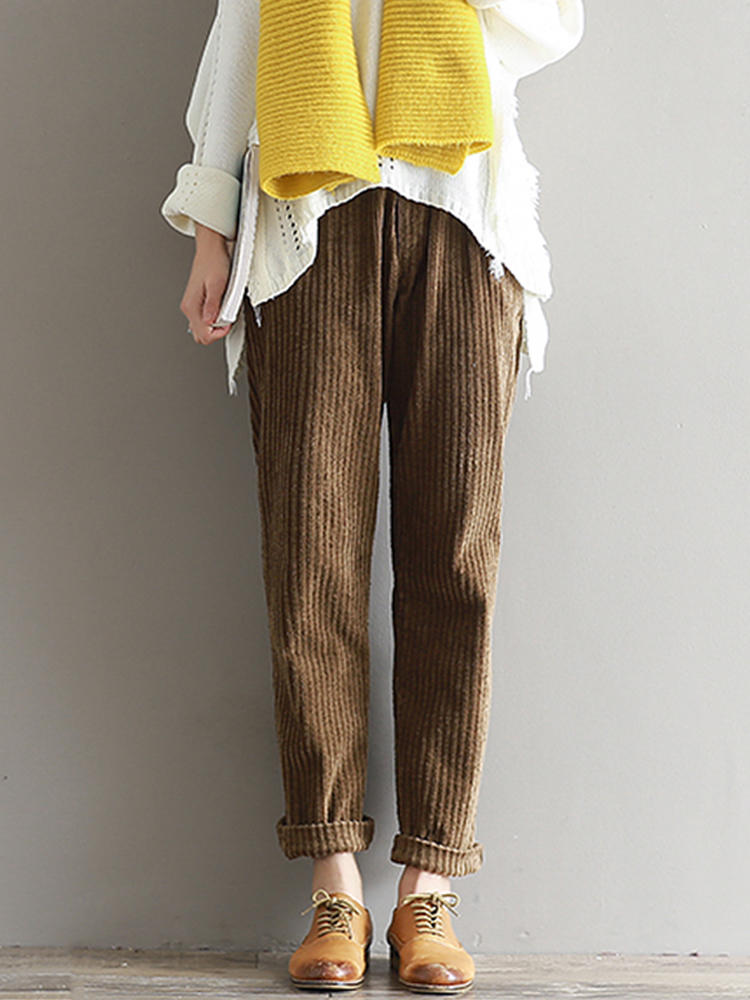 Casual Solid Color Elastic Waist Corduroy Pants for Women