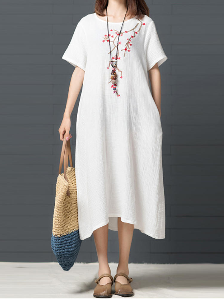 Vintage Women Short Sleeve Linen Cotton Dress
