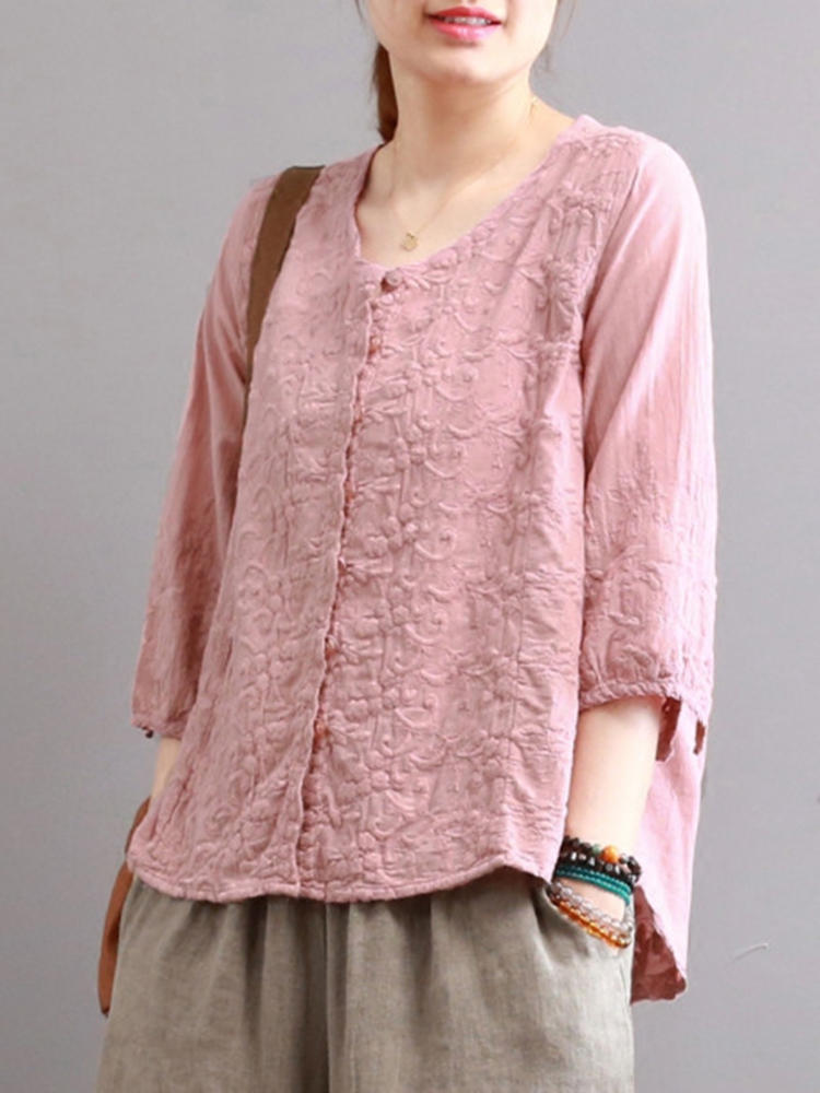 Vintage Embroidered 3/4 Sleeve V-neck T-Shirts