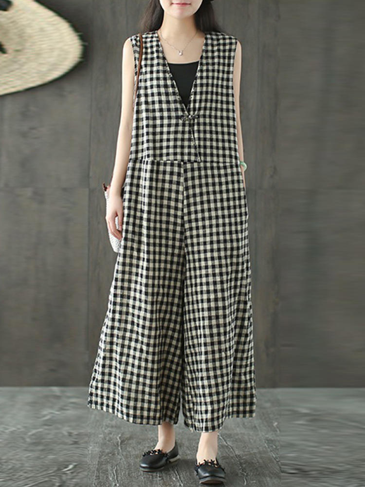 Women Vintage Sleeveless V-neck Plaid Wide Leg Jumpsuit