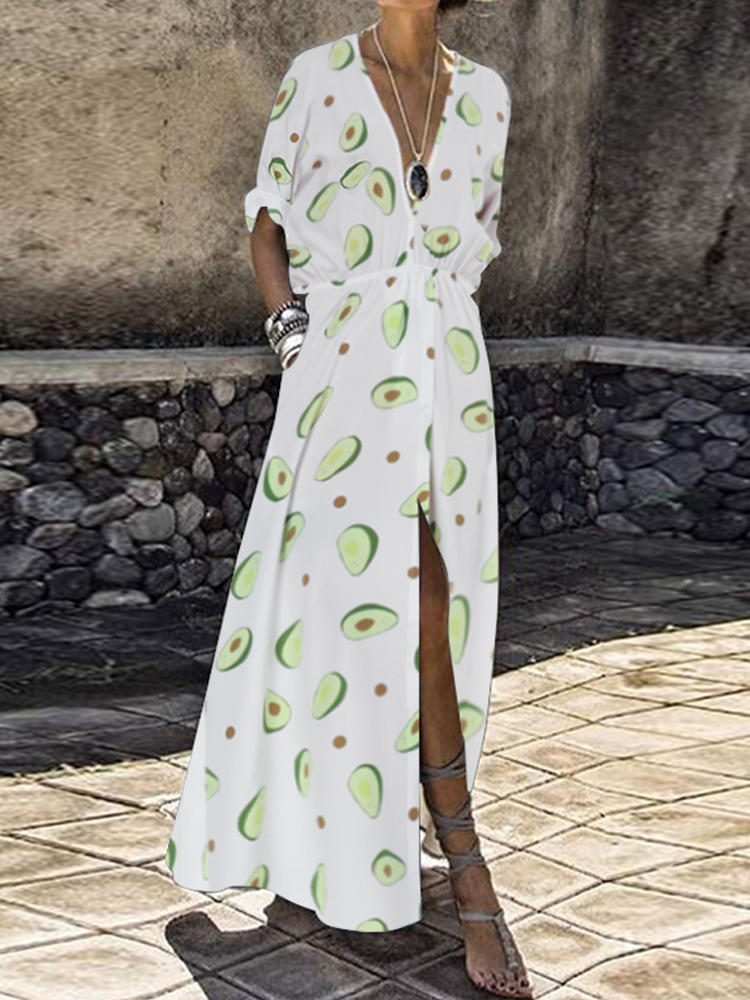 Bohemian Women V-neck Elastic Waist High Split Floral Print Maxi
