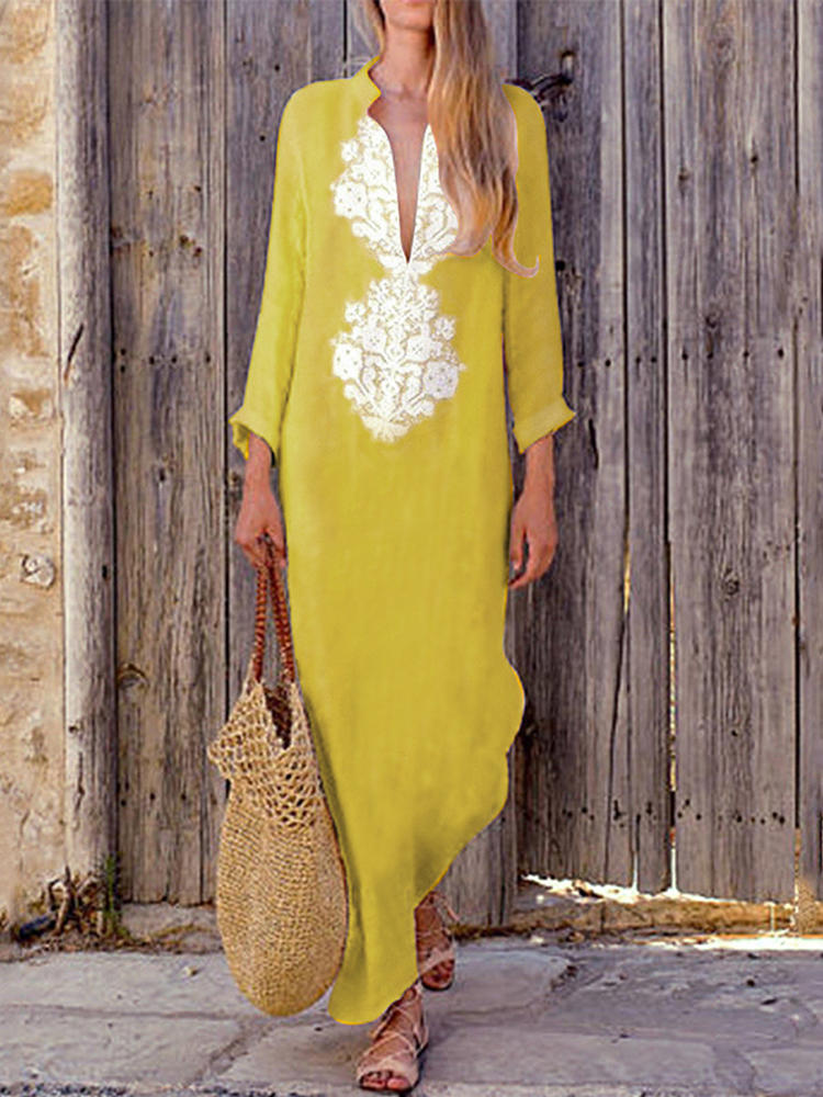 Womens Summer Floral Print V-neck Long Sleeve Split Long Maxi Dr