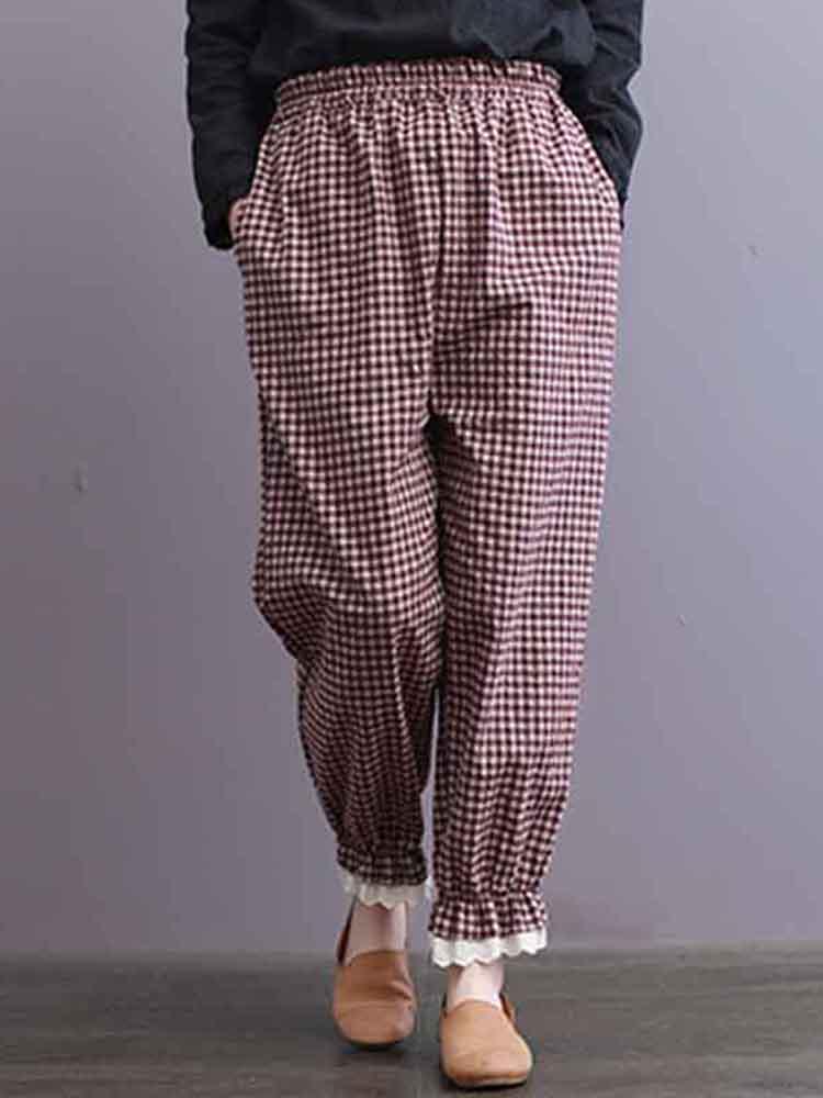S-5XL Women Plaid Elastic Waist Loose Casual Pants