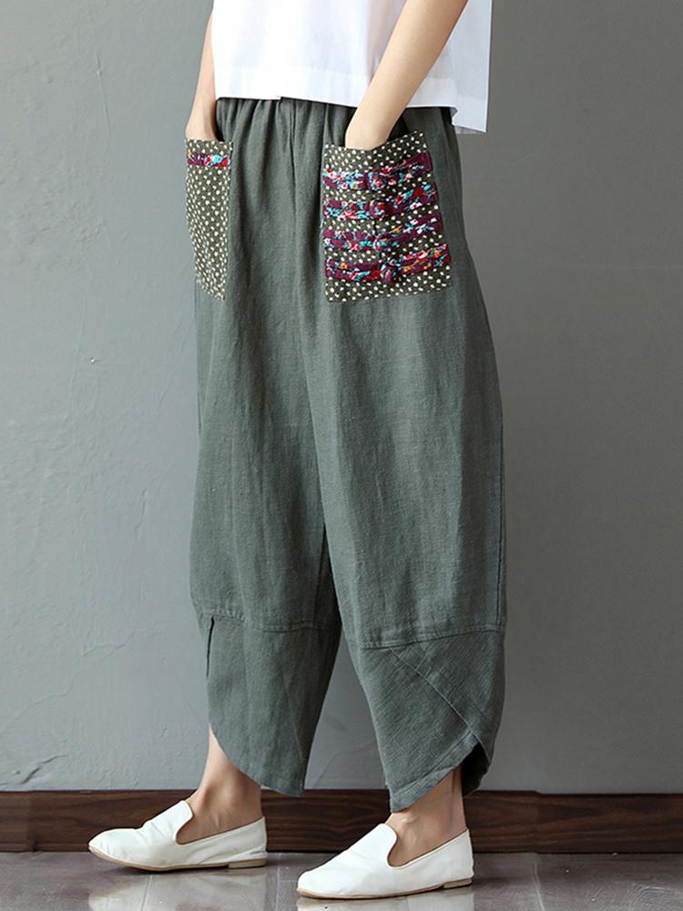 Women Loose Elastic Print Patchwork Irregular Pants