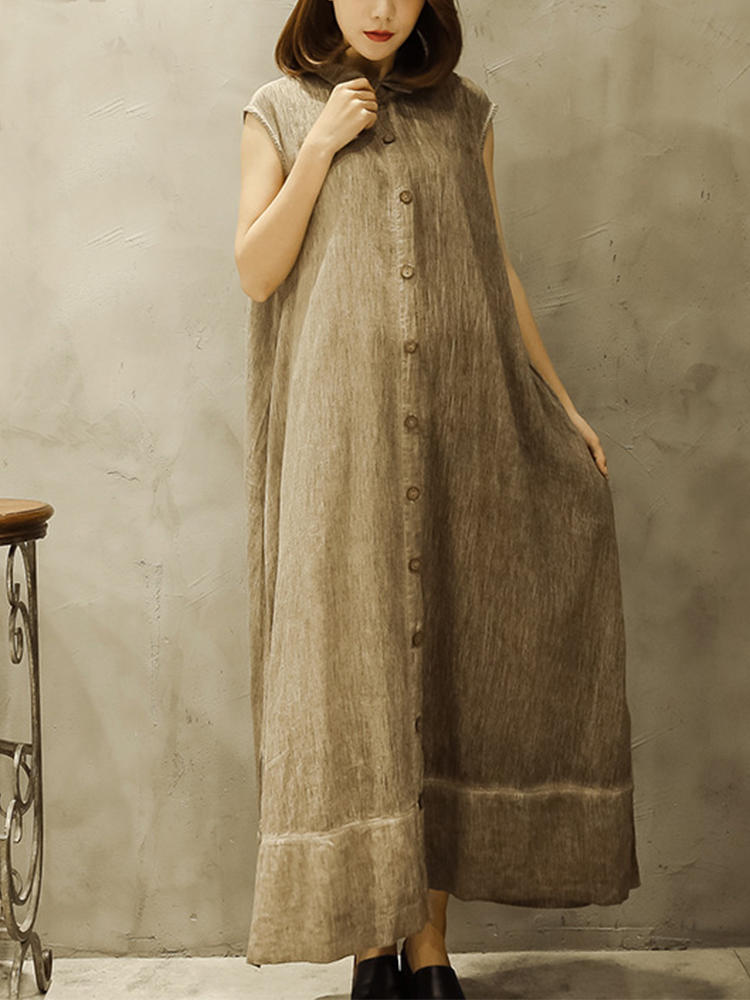 Vintage Women Short Sleeve Solid Color Button Pocket Maxi Shirt
