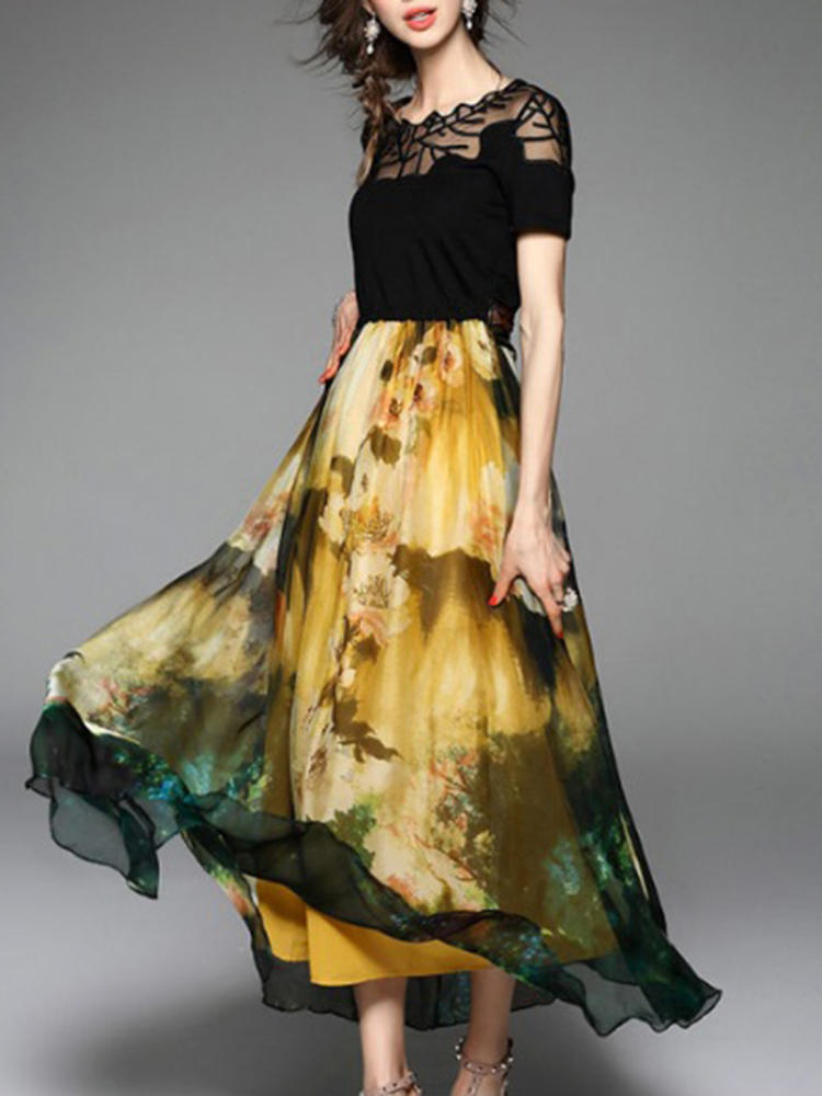 Elegant Floral Patchwork Belt Short Sleeve Loose Hem Vintage Dre