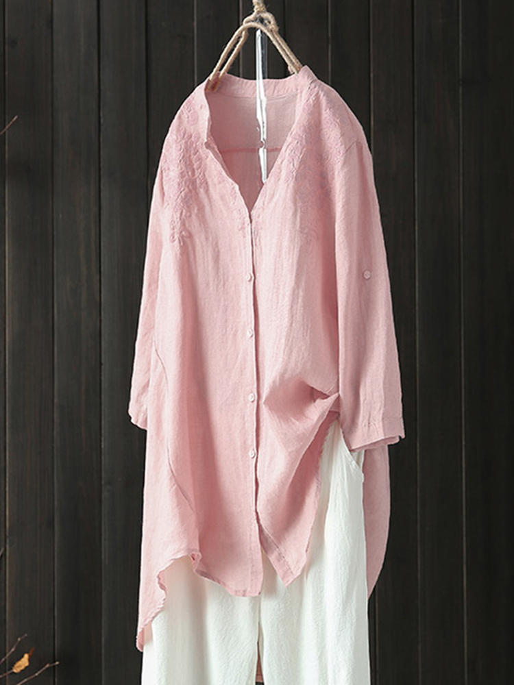 Women Long Sleeve Cotton Buttons Down Asymmetrical Blouse