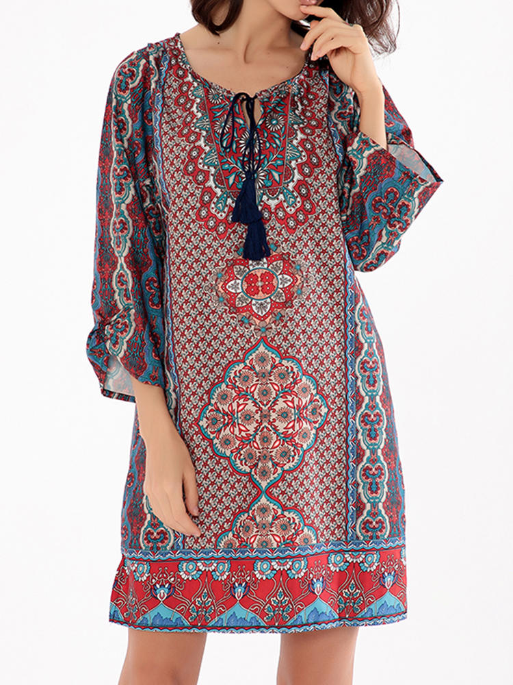 Bohemian Women V-Neck Lace Up Print Mini Dress