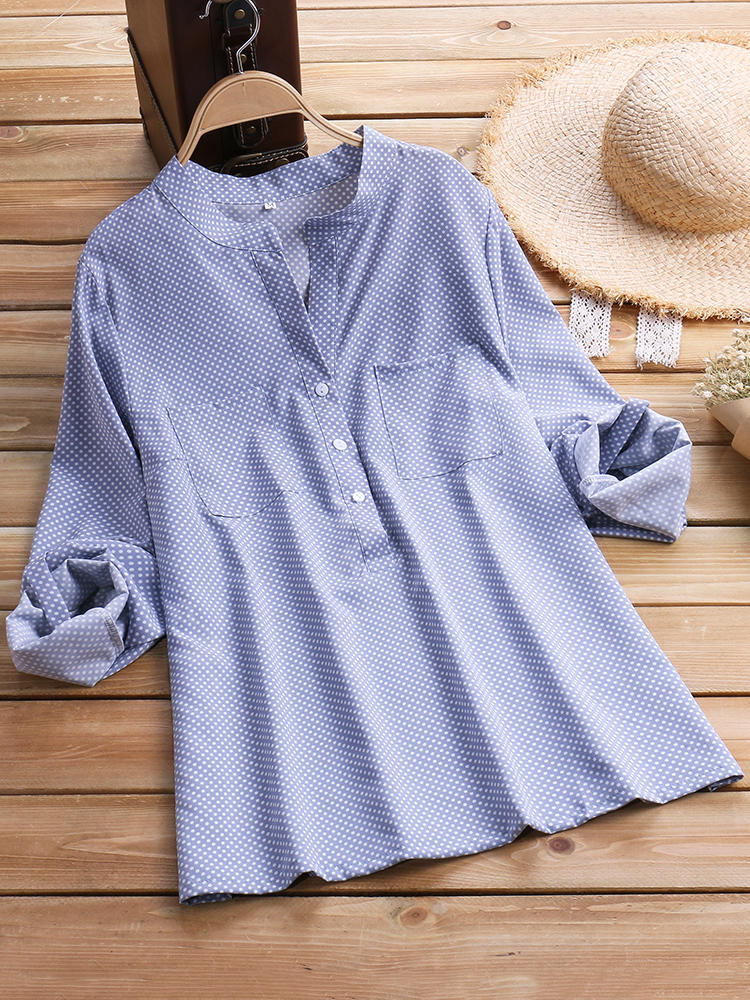 Women Polka Dot Print V-neck Loose Long Sleeve Blouse