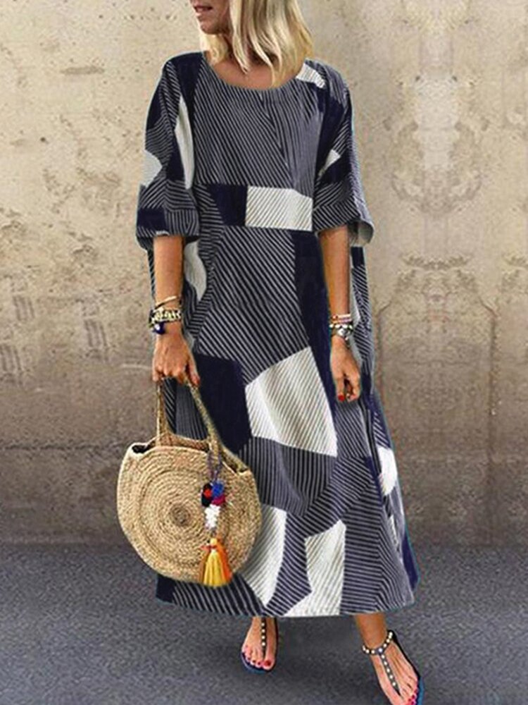 Women Geometric Print O-Neck 3/4 Sleeve Side Pockets Dress