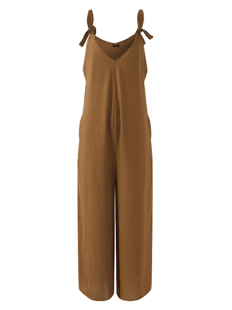 Women Adjustable Sleeveless Straps Solid Color Wide Leg Jumpsuit