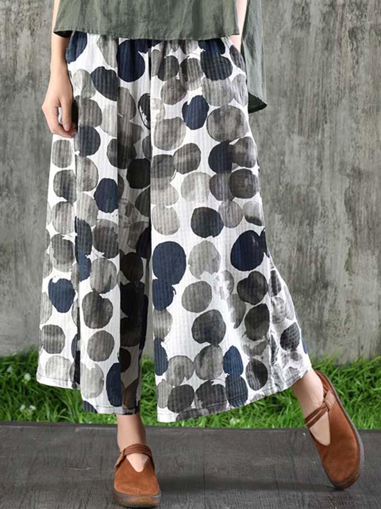 Wide Leg Women Cotton Polka Dot Printed Pockets Trouser Pants