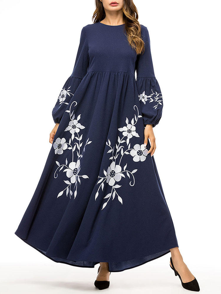Women Embroidered Loose Long Sleeve Maxi Dress