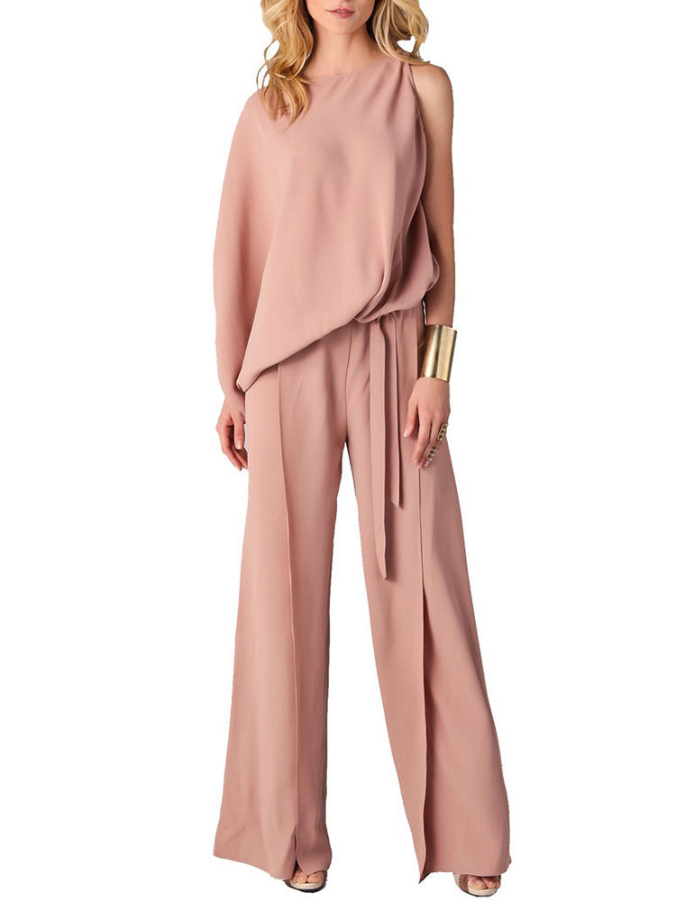 Women Solid Irregular Hem Blouse Wide Leg Pants Casual Suits