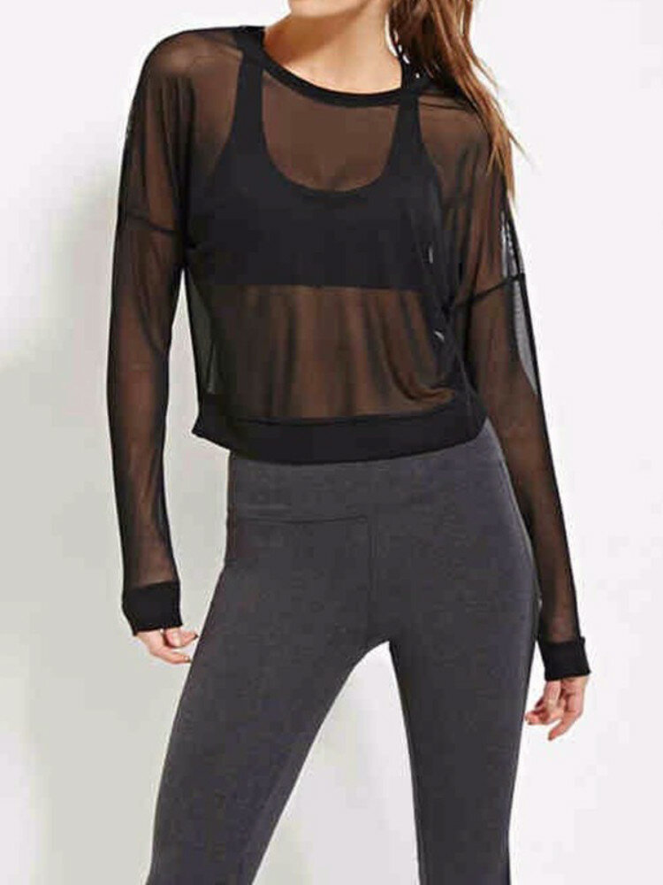 Women Black Mesh See Through Long Sleeve Shirt Casual Blouse