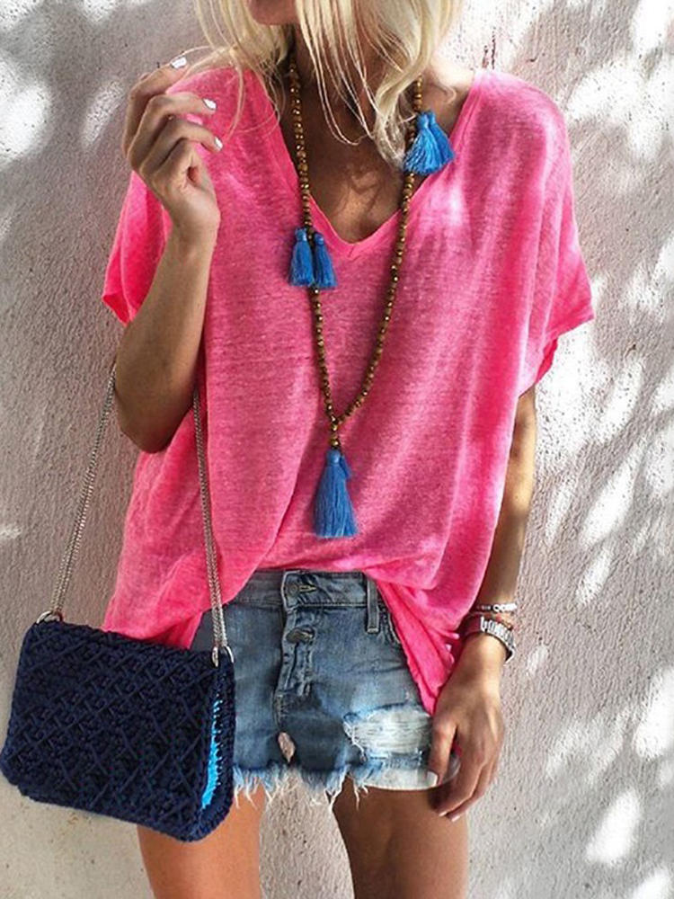 Women Loose Short Sleeve V Neck Solid T-shirts