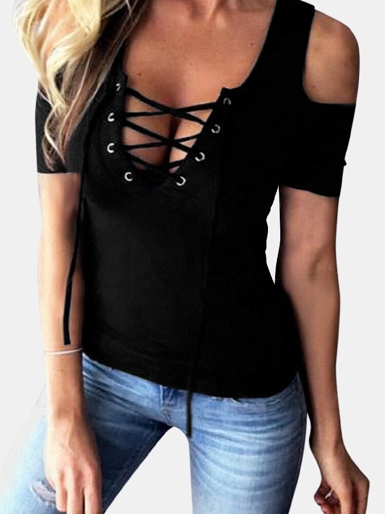 Solid Color V-neck Cross Straps Off Shoulder Short Sleeve T-shir