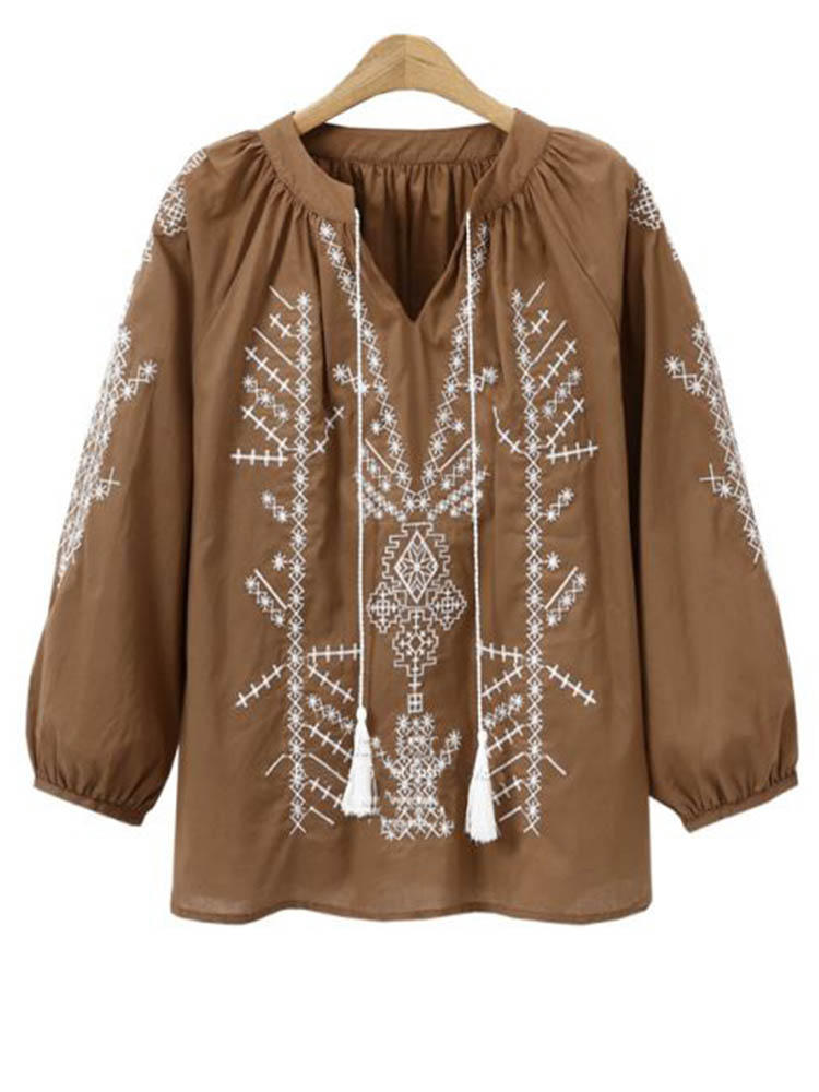 Vintage Women Embroidered Long Sleeve Lantern Sleeve Patchwork B